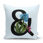 - Rh-K9654-Gorsel1 - Realhomes Mavi Zemin Çiçek Desenli Siyah & Harfi Özel Tasarım Dijital Baskılı Yastık Kırlent Kılıfı Realhomes