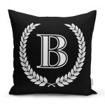 - Rh-K9656-Gorsel1 - Realhomes Siyah Beyaz Çelenkli B Harfi Özel Tasarım Dijital Baskılı Yastık Kırlent Kılıfı Realhomes