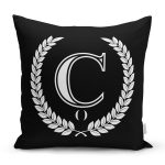 Siyah Beyaz Çelenkli Ç Harfi Özel Tasarım Dijital Baskılı Yastık Kırlent Kılıfı Realhomes