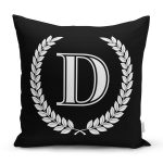 - Rh-K9659-Gorsel1 - Realhomes Siyah Beyaz Çelenkli D Harfi Özel Tasarım Dijital Baskılı Yastık Kırlent Kılıfı Realhomes