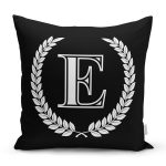 Siyah Beyaz Çelenkli E Harfi Özel Tasarım Dijital Baskılı Yastık Kırlent Kılıfı Realhomes