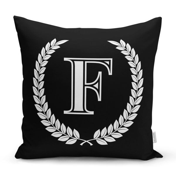 Siyah Beyaz Çelenkli E Harfi Özel Tasarım Dijital Baskılı Yastık Kırlent Kılıfı Realhomes