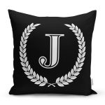 Siyah Beyaz Çelenkli J Harfi Özel Tasarım Dijital Baskılı Yastık Kırlent Kılıfı Realhomes