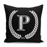 - Rh-K9673-Gorsel1 - Realhomes  Siyah Beyaz Çelenkli P Harfi Özel Tasarım Dijital Baskılı Yastık Kırlent Kılıfı Realhomes