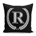 Siyah Beyaz Çelenkli R Harfi Özel Tasarım Dijital Baskılı Yastık Kırlent Kılıfı Realhomes