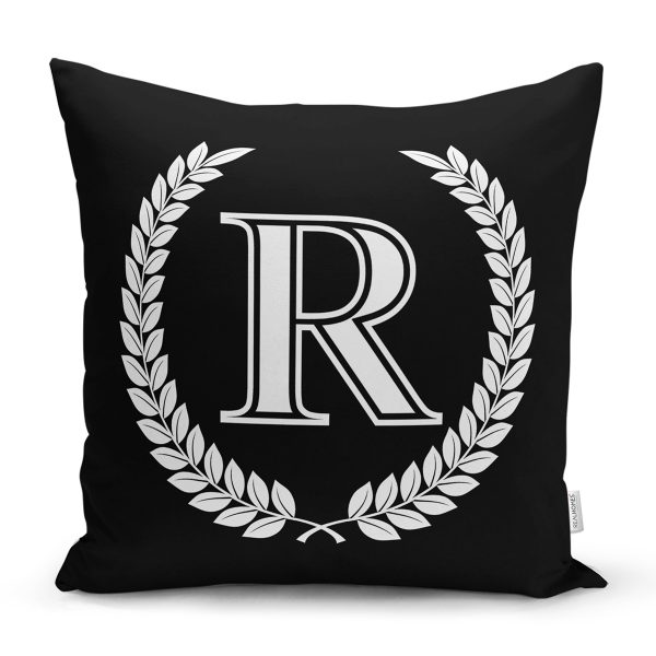 - Rh-K9675-Gorsel1 - Realhomes  Siyah Beyaz Çelenkli Ü Harfi Özel Tasarım Dijital Baskılı Yastık Kırlent Kılıfı Realhomes
