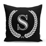 Siyah Beyaz Çelenkli S Harfi Özel Tasarım Dijital Baskılı Yastık Kırlent Kılıfı Realhomes
