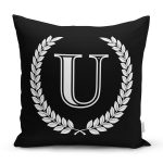 - Rh-K9679-Gorsel1 - Realhomes Siyah Beyaz Çelenkli U Harfi Özel Tasarım Dijital Baskılı Yastık Kırlent Kılıfı Realhomes