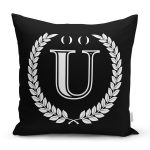 - Rh-K9680-Gorsel1 - Realhomes  Siyah Beyaz Çelenkli Ü Harfi Özel Tasarım Dijital Baskılı Yastık Kırlent Kılıfı Realhomes