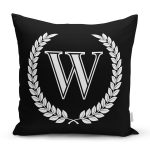- Rh-K9682-Gorsel1 - Realhomes  Siyah Beyaz Çelenkli W Harfi Özel Tasarım Dijital Baskılı Yastık Kırlent Kılıfı Realhomes
