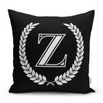 - Rh-K9685-Gorsel1 - Realhomes Siyah Beyaz Çelenkli Z Harfi Özel Tasarım Dijital Baskılı Yastık Kırlent Kılıfı Realhomes