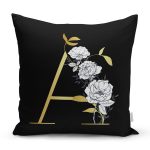 - Rh-K9687-Gorsel1 - Realhomes  Siyah Zemin Beyaz Gül Motifli Gold A Harfi Özel Tasarım Dijital Baskılı Yastık Kırlent Kılıfı Realhomes