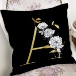 - Rh-K9687-Gorsel2 - Realhomes  Siyah Zemin Beyaz Gül Motifli Gold A Harfi Özel Tasarım Dijital Baskılı Yastık Kırlent Kılıfı Realhomes
