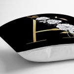 - Rh-K9687-Gorsel3 - Realhomes  Siyah Zemin Beyaz Gül Motifli Gold A Harfi Özel Tasarım Dijital Baskılı Yastık Kırlent Kılıfı Realhomes