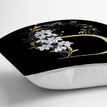 - Rh-K9688-Gorsel3 - Realhomes Siyah Zemin Beyaz Gül Motifli Gold B Harfi Özel Tasarım Dijital Baskılı Yastık Kırlent Kılıfı Realhomes