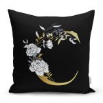 Siyah Zemin Beyaz Gül Motifli Gold C Harfi Özel Tasarım Dijital Baskılı Yastık Kırlent Kılıfı Realhomes