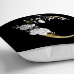 Siyah Zemin Beyaz Gül Motifli Gold C Harfi Özel Tasarım Dijital Baskılı Yastık Kırlent Kılıfı Realhomes