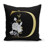 - Rh-K9691-Gorsel1 - Realhomes Siyah Zemin Beyaz Gül Motifli Gold D Harfi Özel Tasarım Dijital Baskılı Yastık Kırlent Kılıfı Realhomes