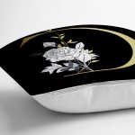 - Rh-K9691-Gorsel3 - Realhomes Siyah Zemin Beyaz Gül Motifli Gold D Harfi Özel Tasarım Dijital Baskılı Yastık Kırlent Kılıfı Realhomes