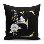 Siyah Zemin Beyaz Gül Motifli Gold E Harfi Özel Tasarım Dijital Baskılı Yastık Kırlent Kılıfı Realhomes