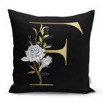 Siyah Zemin Beyaz Gül Motifli Gold F Harfi Özel Tasarım Dijital Baskılı Yastık Kırlent Kılıfı Realhomes