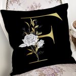 Siyah Zemin Beyaz Gül Motifli Gold F Harfi Özel Tasarım Dijital Baskılı Yastık Kırlent Kılıfı Realhomes