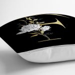 Siyah Zemin Beyaz Gül Motifli Gold F Harfi Özel Tasarım Dijital Baskılı Yastık Kırlent Kılıfı Realhomes