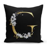 Siyah Zemin Beyaz Gül Motifli Gold G Harfi Özel Tasarım Dijital Baskılı Yastık Kırlent Kılıfı Realhomes
