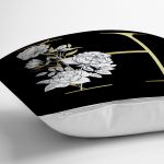 - Rh-K9695-Gorsel3 - Realhomes Siyah Zemin Beyaz Gül Motifli Gold H Harfi Özel Tasarım Dijital Baskılı Yastık Kırlent Kılıfı Realhomes