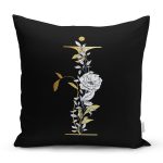 - Rh-K9696-Gorsel1 - Realhomes Siyah Zemin Beyaz Gül Motifli Gold İ Harfi Özel Tasarım Dijital Baskılı Yastık Kırlent Kılıfı Realhomes