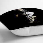 - Rh-K9697-Gorsel3 - Realhomes Siyah Zemin Beyaz Gül Motifli Gold I Harfi Özel Tasarım Dijital Baskılı Yastık Kırlent Kılıfı Realhomes