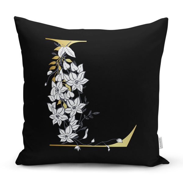 - Rh-K9700-Gorsel1 - Realhomes  Siyah Zemin Beyaz Gül Motifli Gold M Harfi Özel Tasarım Dijital Baskılı Yastık Kırlent Kılıfı Realhomes