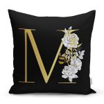 - Rh-K9701-Gorsel1 - Realhomes  Siyah Zemin Beyaz Gül Motifli Gold M Harfi Özel Tasarım Dijital Baskılı Yastık Kırlent Kılıfı Realhomes