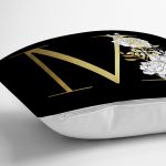 - Rh-K9701-Gorsel3 - Realhomes  Siyah Zemin Beyaz Gül Motifli Gold M Harfi Özel Tasarım Dijital Baskılı Yastık Kırlent Kılıfı Realhomes