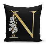 Siyah Zemin Beyaz Gül Motifli Gold N Harfi Özel Tasarım Dijital Baskılı Yastık Kırlent Kılıfı Realhomes