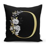 Siyah Zemin Beyaz Gül Motifli Gold O Harfi Özel Tasarım Dijital Baskılı Yastık Kırlent Kılıfı Realhomes