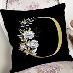 Siyah Zemin Beyaz Gül Motifli Gold O Harfi Özel Tasarım Dijital Baskılı Yastık Kırlent Kılıfı Realhomes
