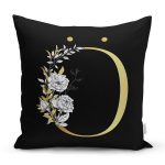 - Rh-K9704-Gorsel1 - Realhomes  Siyah Zemin Beyaz Gül Motifli Gold Ö Harfi Özel Tasarım Dijital Baskılı Yastık Kırlent Kılıfı Realhomes