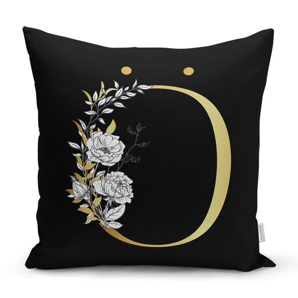 - Rh-K9704-Gorsel1 - Realhomes  Siyah Zemin Beyaz Gül Motifli Gold M Harfi Özel Tasarım Dijital Baskılı Yastık Kırlent Kılıfı Realhomes