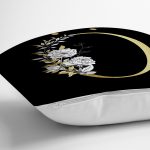 - Rh-K9704-Gorsel3 - Realhomes  Siyah Zemin Beyaz Gül Motifli Gold Ö Harfi Özel Tasarım Dijital Baskılı Yastık Kırlent Kılıfı Realhomes