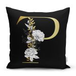 Siyah Zemin Beyaz Gül Motifli Gold P Harfi Özel Tasarım Dijital Baskılı Yastık Kırlent Kılıfı Realhomes