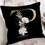 Siyah Zemin Beyaz Gül Motifli Gold P Harfi Özel Tasarım Dijital Baskılı Yastık Kırlent Kılıfı Realhomes