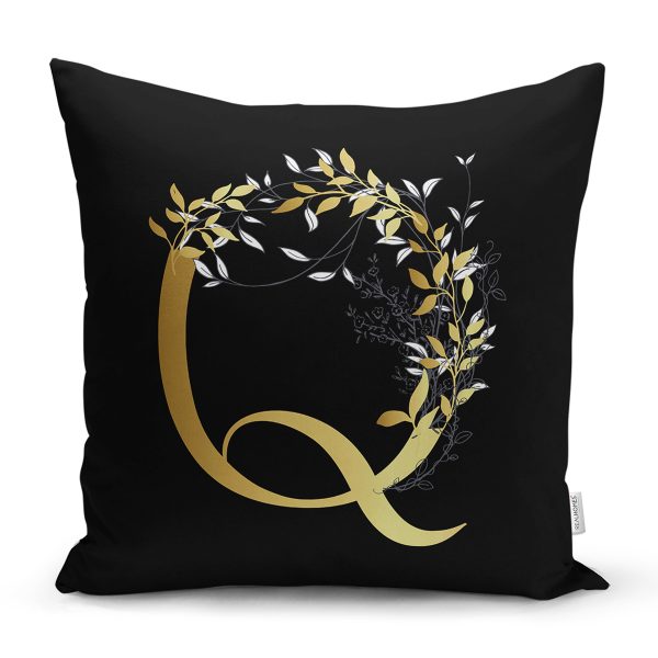 - Rh-K9706-Gorsel1 - Realhomes  Siyah Zemin Beyaz Gül Motifli Gold Ö Harfi Özel Tasarım Dijital Baskılı Yastık Kırlent Kılıfı Realhomes