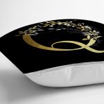 - Rh-K9706-Gorsel3 - Realhomes Siyah Zemin Beyaz Gül Motifli Gold Q Harfi Özel Tasarım Dijital Baskılı Yastık Kırlent Kılıfı Realhomes