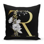 Siyah Zemin Beyaz Gül Motifli Gold R Harfi Özel Tasarım Dijital Baskılı Yastık Kırlent Kılıfı Realhomes