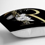 Siyah Zemin Beyaz Gül Motifli Gold R Harfi Özel Tasarım Dijital Baskılı Yastık Kırlent Kılıfı Realhomes