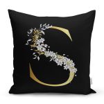 Siyah Zemin Beyaz Gül Motifli Gold S Harfi Özel Tasarım Dijital Baskılı Yastık Kırlent Kılıfı Realhomes