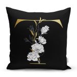 - Rh-K9710-Gorsel1 - Realhomes  Siyah Zemin Beyaz Gül Motifli Gold T Harfi Özel Tasarım Dijital Baskılı Yastık Kırlent Kılıfı Realhomes