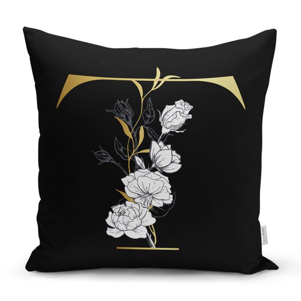 Siyah Zemin Beyaz Gül Motifli Gold Ü Harfi Özel Tasarım Dijital Baskılı Yastık Kırlent Kılıfı Realhomes