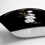 - Rh-K9710-Gorsel3 - Realhomes  Siyah Zemin Beyaz Gül Motifli Gold T Harfi Özel Tasarım Dijital Baskılı Yastık Kırlent Kılıfı Realhomes